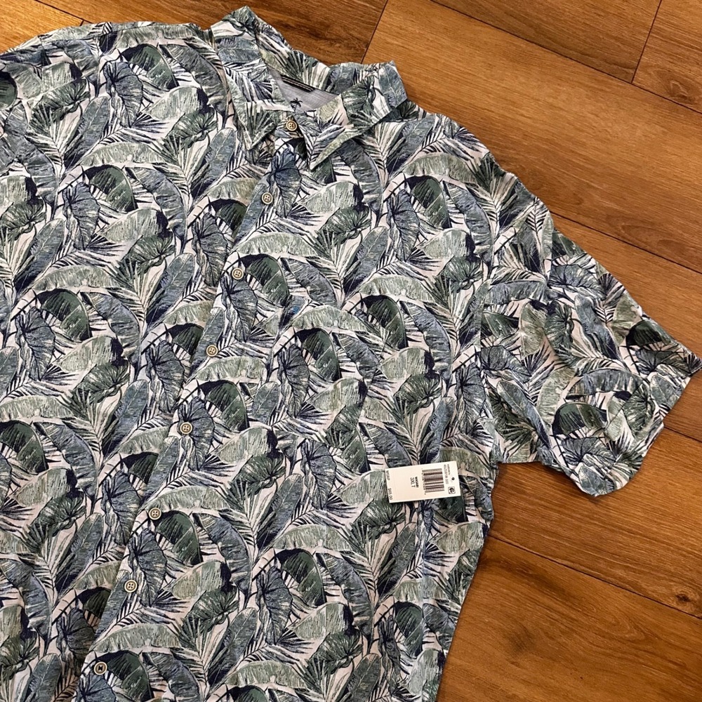 IZOD Saltwater Mens 3XLT Short Sleeve Button Down Shirt Tropical Palm Leaf Green